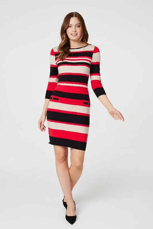 A - Line Women's Merino Wool Sweater Dresses in Classic Styles Striped Pocket Detail Knit Dress A - Line Women's Merino Wool Sweater Dresses in Classic Styles Striped Pocket Detail Knit Dress