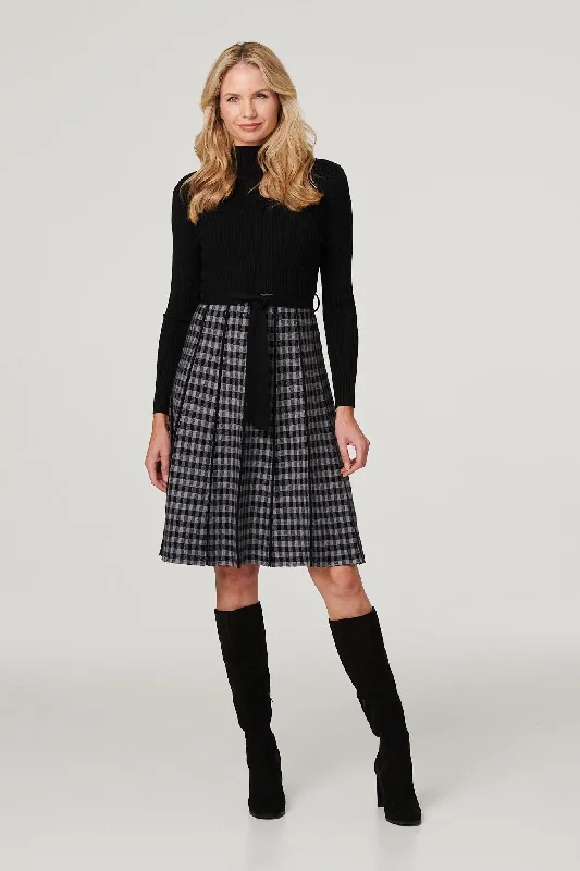 Short Sleeve Women's Cashmere Sweater Dresses in Pastel Hues Checked High Neck Knit Dress Short Sleeve Women's Cashmere Sweater Dresses in Pastel Hues Checked High Neck Knit Dress