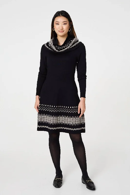 V - Neck Women's Ribbed Sweater Dresses with Belt for a Defined Waist Aztec Print Removable Rollneck Knit Dress V - Neck Women's Ribbed Sweater Dresses with Belt for a Defined Waist Aztec Print Removable Rollneck Knit Dress