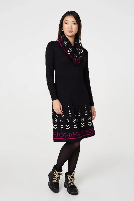 Plus Size Women's Long Sleeve Cable Knit Sweater Dresses Printed Knit Dress With Removable Scarf Plus Size Women's Long Sleeve Cable Knit Sweater Dresses Printed Knit Dress With Removable Scarf