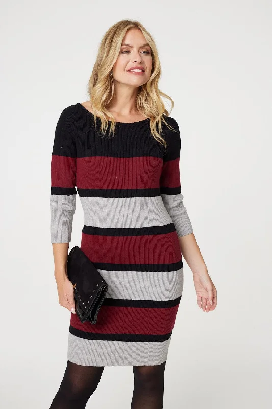 A - Line Women's Merino Wool Sweater Dresses in Classic Styles Striped 3/4 Sleeve Knit Bodycon Short Dress A - Line Women's Merino Wool Sweater Dresses in Classic Styles Striped 3/4 Sleeve Knit Bodycon Short Dress