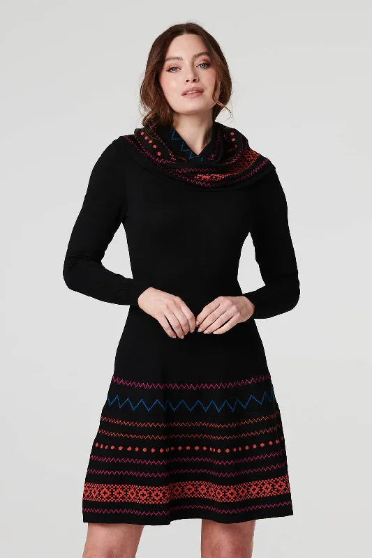 Mock Neck Women's Angora Blend Sweater Dresses in Solid Colors Printed Knit Skater Dress with Scarf Mock Neck Women's Angora Blend Sweater Dresses in Solid Colors Printed Knit Skater Dress with Scarf