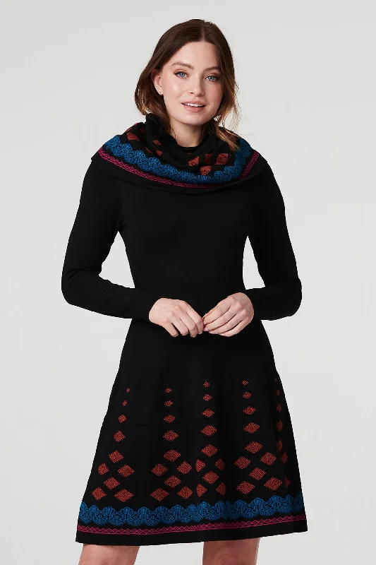 Empire Waist Women's Alpaca Wool Sweater Dresses in Earthy Tones Printed Fit & Flare Dress with Scarf Empire Waist Women's Alpaca Wool Sweater Dresses in Earthy Tones Printed Fit & Flare Dress with Scarf
