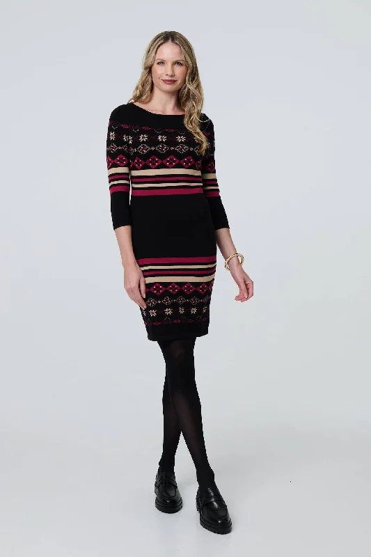 Knee - Length Women's Wool Blend Sweater Dresses in Neutral Colors Fair Isle Striped 3/4 Sleeve Short Dress Knee - Length Women's Wool Blend Sweater Dresses in Neutral Colors Fair Isle Striped 3/4 Sleeve Short Dress