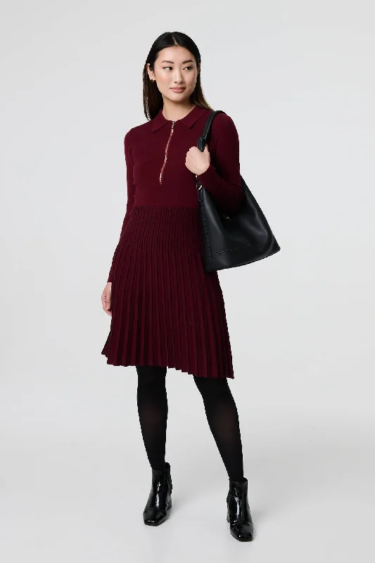 Short Sleeve Women's Cashmere Sweater Dresses in Pastel Hues Zip Collar Pleated Knit Midi Dress Short Sleeve Women's Cashmere Sweater Dresses in Pastel Hues Zip Collar Pleated Knit Midi Dress
