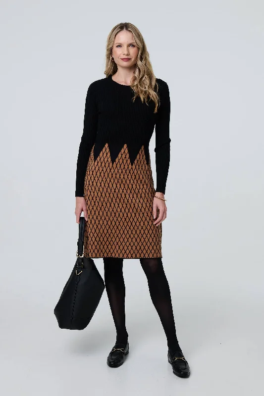 Midi - Length Women's Shetland Wool Sweater Dresses in Traditional Patterns Printed Long Sleeve Jumper Midi Dress Midi - Length Women's Shetland Wool Sweater Dresses in Traditional Patterns Printed Long Sleeve Jumper Midi Dress