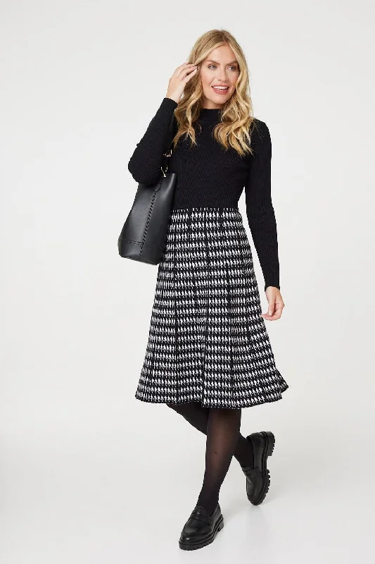 V - Neck Women's Ribbed Sweater Dresses with Belt for a Defined Waist Houndstooth Midi Knit Dress V - Neck Women's Ribbed Sweater Dresses with Belt for a Defined Waist Houndstooth Midi Knit Dress