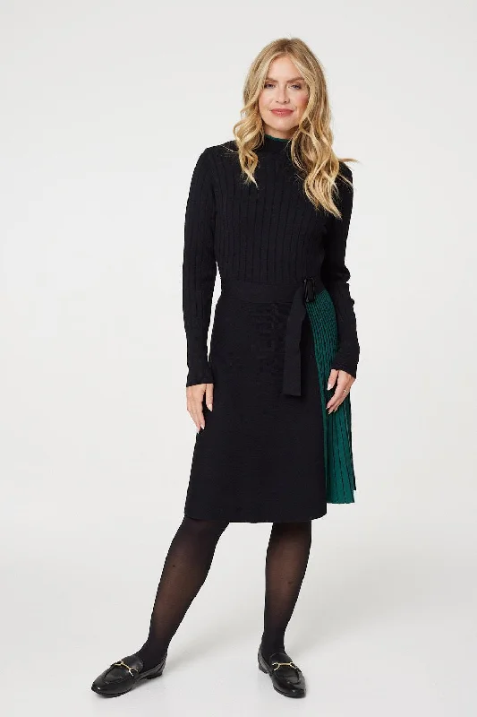 Plus Size Women's Long Sleeve Cable Knit Sweater Dresses Colour Block High Neck Pleated Knit Dress Plus Size Women's Long Sleeve Cable Knit Sweater Dresses Colour Block High Neck Pleated Knit Dress