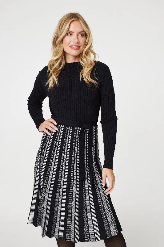 Knee - Length Women's Wool Blend Sweater Dresses in Neutral Colors Printed Tie Waist Pleated Midi Jumper Dress Knee - Length Women's Wool Blend Sweater Dresses in Neutral Colors Printed Tie Waist Pleated Midi Jumper Dress