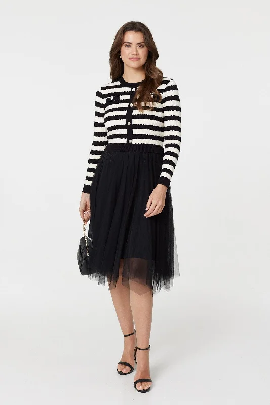 Plus Size Women's Turtleneck Sweater Dresses with Side Slits 2-In-1 Dress With Striped Top & Midi Mesh Skirt Plus Size Women's Turtleneck Sweater Dresses with Side Slits 2-In-1 Dress With Striped Top & Midi Mesh Skirt