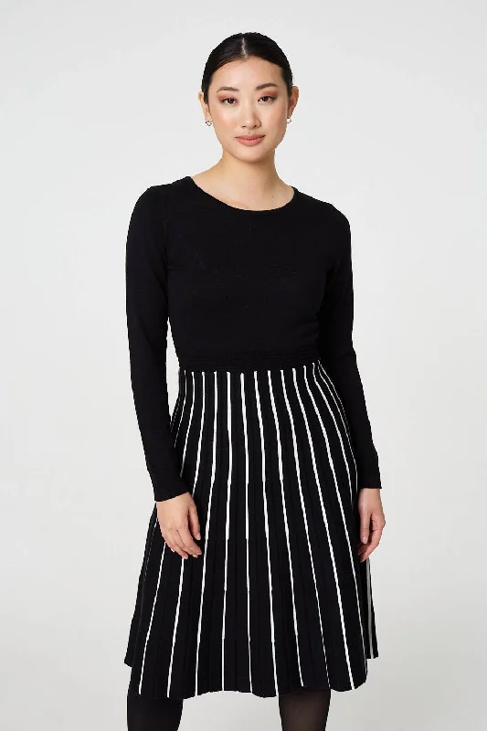 Plus Size Women's Fit - and - Flare Sweater Dresses with Ruffled Hem Striped Pleat Skirt Knitted Midi Dress Plus Size Women's Fit - and - Flare Sweater Dresses with Ruffled Hem Striped Pleat Skirt Knitted Midi Dress