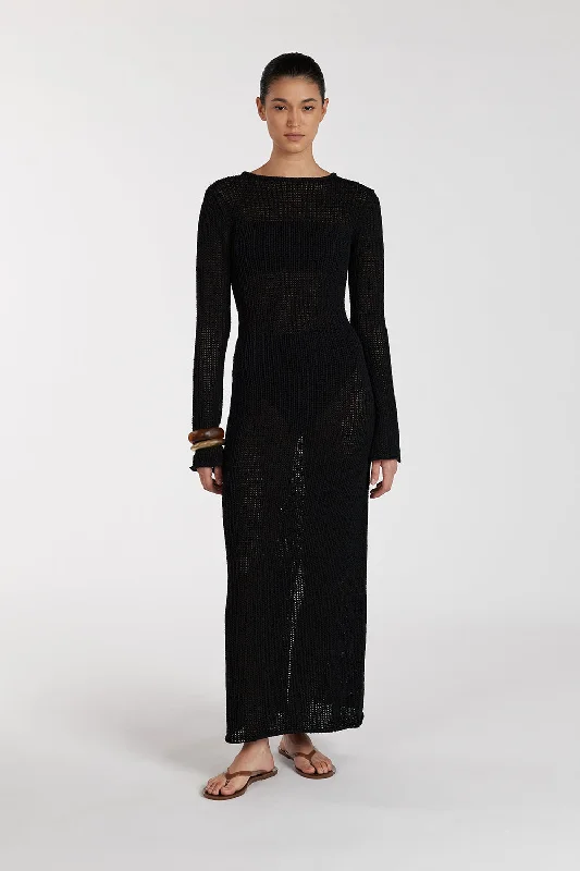 Women's Off - Shoulder Chunky Knit Sweater Dresses in Earth Tones MARGOT BLACK CREW NECK MIDI DRESS Women's Off - Shoulder Chunky Knit Sweater Dresses in Earth Tones MARGOT BLACK CREW NECK MIDI DRESS