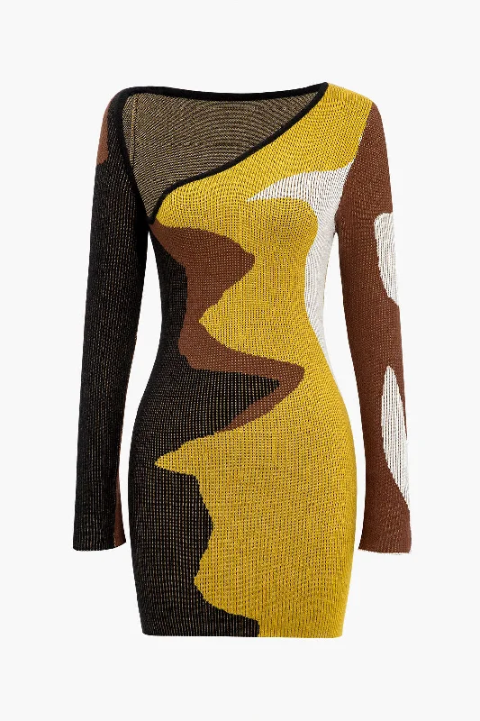 Plus Size Women's Fit - and - Flare Sweater Dresses with Ruffled Hem Contrast Print Sweater Asymmetrical Long Sleeve Dress Plus Size Women's Fit - and - Flare Sweater Dresses with Ruffled Hem Contrast Print Sweater Asymmetrical Long Sleeve Dress