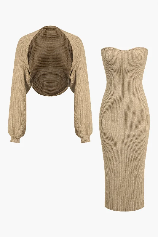 Plus Size Women's Turtleneck Sweater Dresses with Side Slits Ribbed Knit Strapless Midi Dress And Bolero Set Plus Size Women's Turtleneck Sweater Dresses with Side Slits Ribbed Knit Strapless Midi Dress And Bolero Set