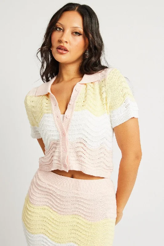 Regular Fit Women's Mohair Blend Sweater Co - ords in Light Pink for a Soft and Feminine Vibe Multi Stripe Crochet Knit Top Collared Regular Fit Women's Mohair Blend Sweater Co - ords in Light Pink for a Soft and Feminine Vibe Multi Stripe Crochet Knit Top Collared