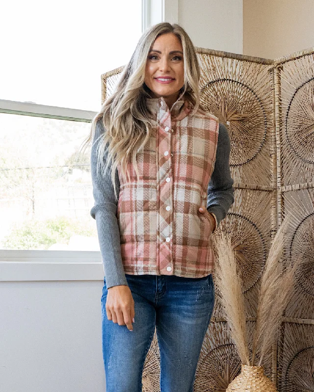 Leather - Trimmed Women's Denim Vests in a Western Style NEW! Gia Plaid Quilted Vest - Blush Leather - Trimmed Women's Denim Vests in a Western Style NEW! Gia Plaid Quilted Vest - Blush