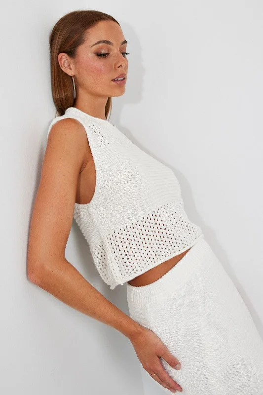 Women's Lace - Trimmed Sweater Co - ords in Cream for a Delicate and Elegant Appearance White Crochet Knit Tank Top Women's Lace - Trimmed Sweater Co - ords in Cream for a Delicate and Elegant Appearance White Crochet Knit Tank Top