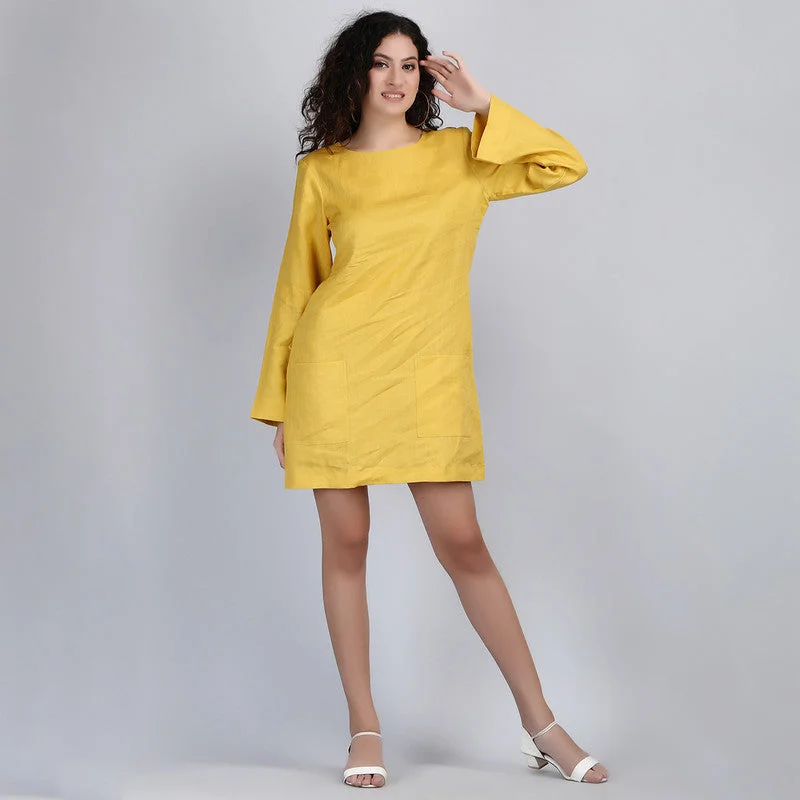 Strapless Women Dress with a Built - in Bra for Comfort and Support Strapless Women Dress with a Built - in Bra for Comfort and Support Linen Short Shift Dress | Mustard