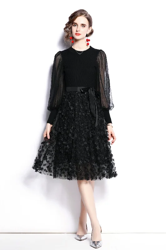 Ball Gown Women Dress with a Full Skirt for a Princess - like Look Ball Gown Women Dress with a Full Skirt for a Princess - like Look Black Cocktail & Party A-line Crewneck Long Sleeve Below Knee Dress