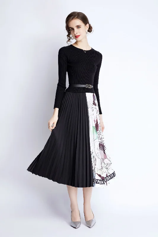 Pleated Women Dress with a Timeless and Elegant Texture Pleated Women Dress with a Timeless and Elegant Texture Black & White Cocktail A-line Crewneck Long Sleeve Maxi Pleated Dress