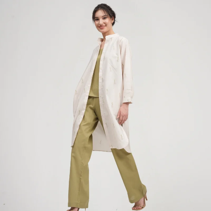 Shift Women Dress with a Simple and Classic Design for Everyday Wear Shift Women Dress with a Simple and Classic Design for Everyday Wear Cotton Linen Co Ord Set for Women | Cream & Sage Green | Set of 3