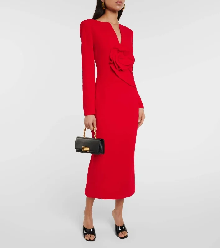 Lace - Embellished Women Dress for an Elegant and Sophisticated Appearance Lace - Embellished Women Dress for an Elegant and Sophisticated Appearance Floral Appliqué Wool Crepe Midi Dress In Red
