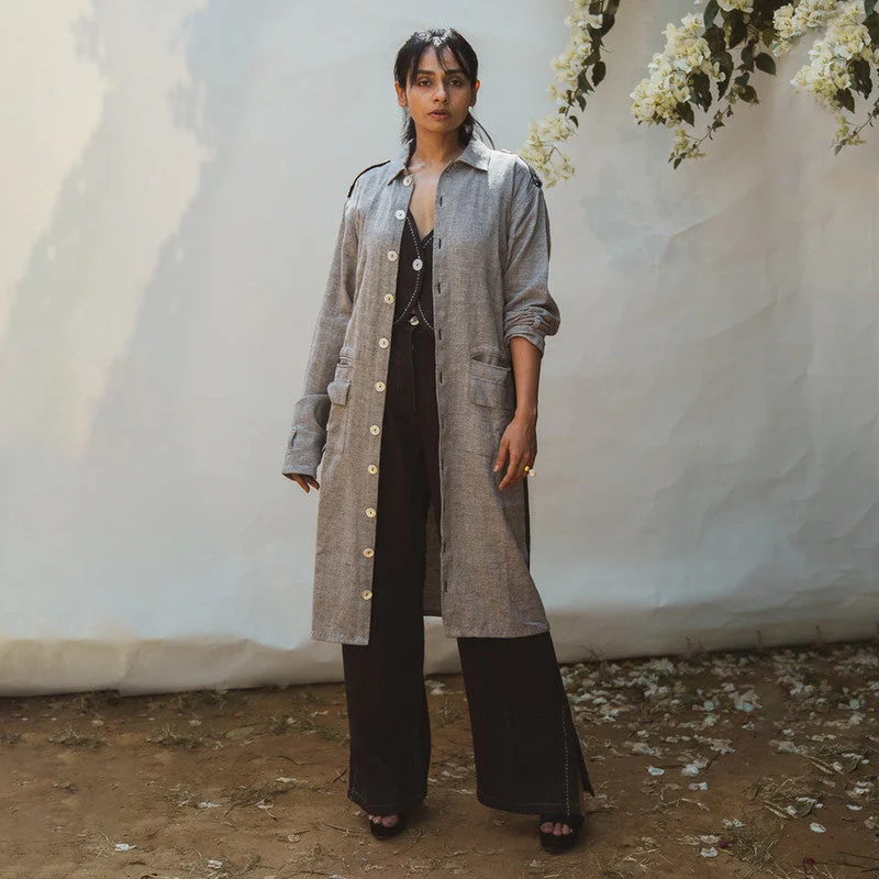 Wrap - Style Women Dress with Adjustable Fit for All Body Types Wrap - Style Women Dress with Adjustable Fit for All Body Types Cotton Long Jacket | Unisex | Black & Grey Wrap - Style Women Dress with Adjustable Fit for All Body Types Wrap - Style Women Dress with Adjustable Fit for All Body Types Cotton Long Jacket | Unisex | Black & Grey