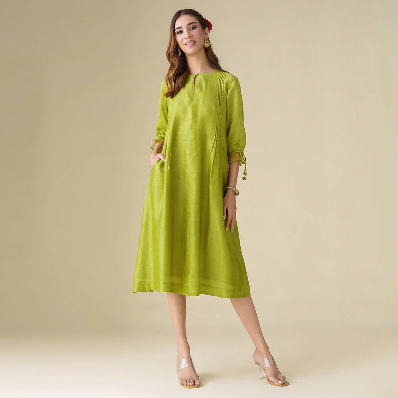 Ruffled Women Dress with Multiple Layers for a Playful and Girly Style Ruffled Women Dress with Multiple Layers for a Playful and Girly Style Chanderi Silk Midi Dress | Lime Green | Flowy Ruffled Women Dress with Multiple Layers for a Playful and Girly Style Ruffled Women Dress with Multiple Layers for a Playful and Girly Style Chanderi Silk Midi Dress | Lime Green | Flowy