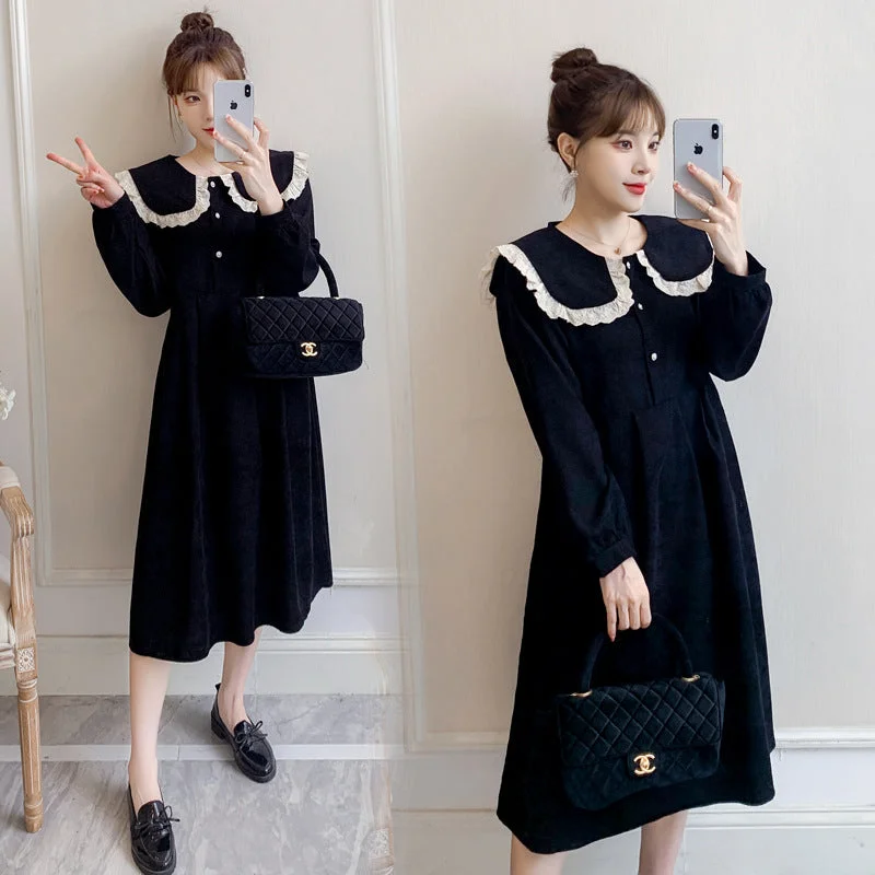 Long - Sleeve Women Dress in Velvet for a Luxurious Winter Look Long - Sleeve Women Dress in Velvet for a Luxurious Winter Look NiDELL Maternity Dress 202 Autumn Dress New Belly-Covering Slimming Doll Collar Midi Dress