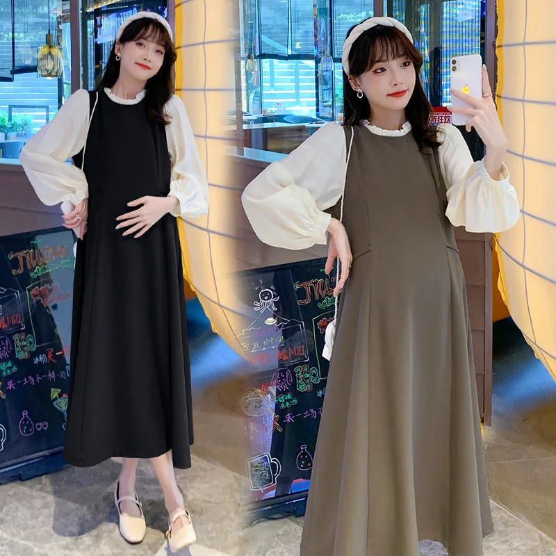 Off - the - Shoulder Women Dress for a Romantic and Feminine Look Off - the - Shoulder Women Dress for a Romantic and Feminine Look NiDELL Maternity Dress . Autumn New Fashion Lace-up Long Dress Korean Style Loose False Two Pieces Maternity Dress