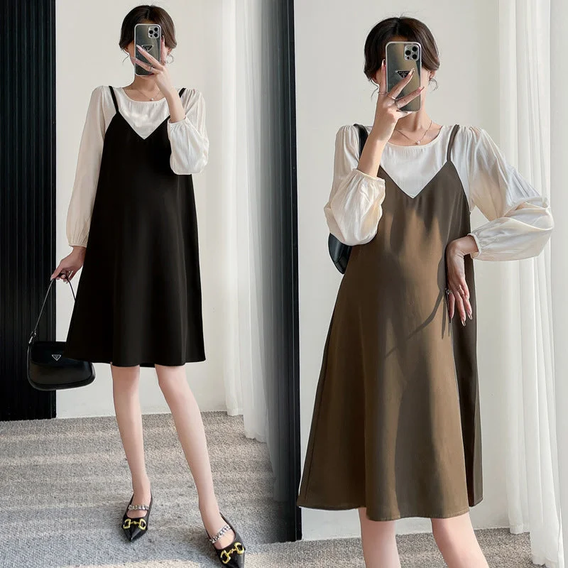 Mini Women Dress with a Short Hem for a Young and Trendy Style Mini Women Dress with a Short Hem for a Young and Trendy Style NiDELL Maternity Dress . Autumn New Korean Maternity Clothes Long Sleeve Loose Belly-Covering Fake Two-Piece Maternity Dress