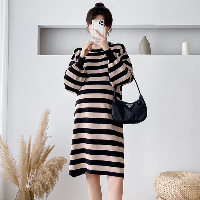 Plus Size Women Dress with a Flattering A - Line Cut for Comfort and Style Plus Size Women Dress with a Flattering A - Line Cut for Comfort and Style NiDELL Pregnant Women's Sweater . Autumn and Winter Korean Style Mid-Length Sweater Loose Lantern Sleeve Striped Knitted Dress
