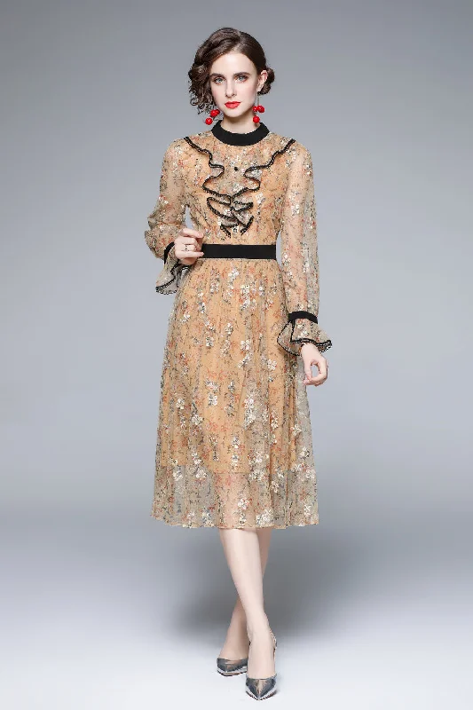 Long - Sleeve Women Dress in Velvet for a Luxurious Winter Look Long - Sleeve Women Dress in Velvet for a Luxurious Winter Look Pale orange Evening Lace Ruffled A-line Crewneck Long Sleeve Midi Dress
