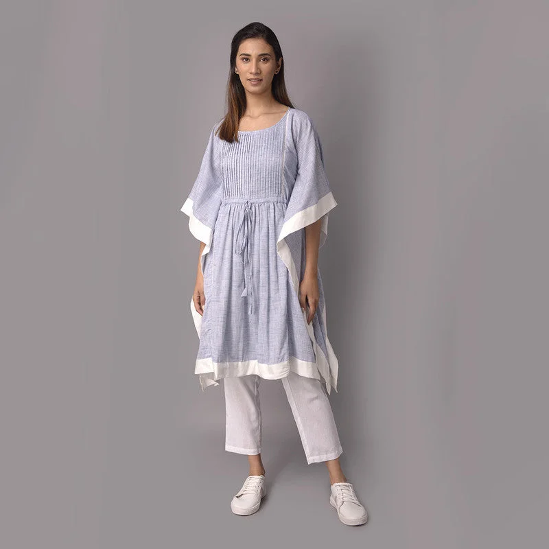 Pleated Women Dress with a Timeless and Elegant Texture Pleated Women Dress with a Timeless and Elegant Texture Cotton Chambray Kaftan with Pants | Blue Pleated Women Dress with a Timeless and Elegant Texture Pleated Women Dress with a Timeless and Elegant Texture Cotton Chambray Kaftan with Pants | Blue