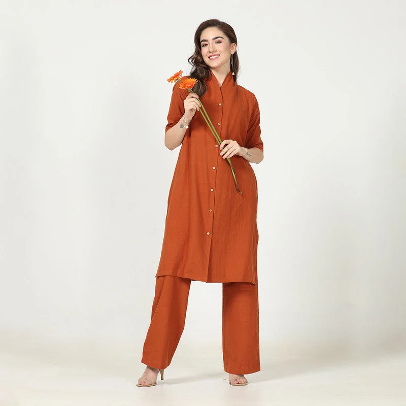 Pleated Women Dress with a Timeless and Elegant Texture Pleated Women Dress with a Timeless and Elegant Texture Cotton Co Ord Set for Women | Rust | Long Shirt & Pant