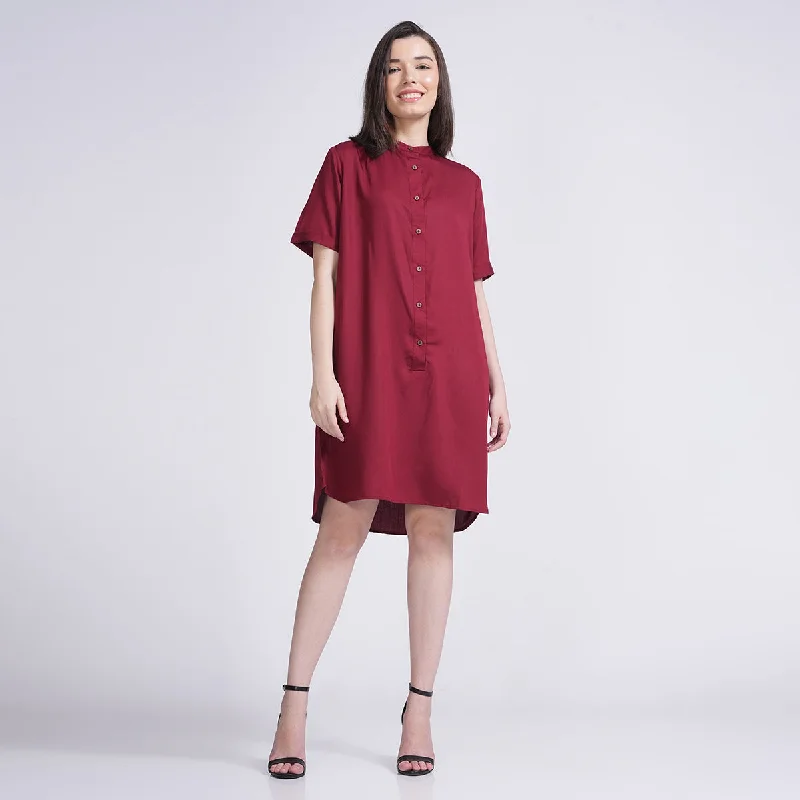 Sleeveless Women Dress in Bright Colors for Summer Parties Sleeveless Women Dress in Bright Colors for Summer Parties Modal Mandarin Collar Dress for Women | Half Sleeves | Maroon
