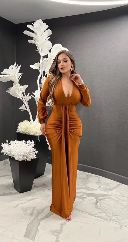 Mermaid - Style Women Dress with a Fitted Silhouette for Special Occasions Mermaid - Style Women Dress with a Fitted Silhouette for Special Occasions Copper Deep V Split Ruched Maxi Dress- Stretchy, Estira Mermaid - Style Women Dress with a Fitted Silhouette for Special Occasions Mermaid - Style Women Dress with a Fitted Silhouette for Special Occasions Copper Deep V Split Ruched Maxi Dress- Stretchy, Estira