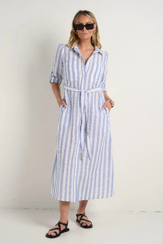 Backless Women Dress for a Sexy and Alluring Look at Evening Events Backless Women Dress for a Sexy and Alluring Look at Evening Events Cyprus Blue Stripe LS Shirt Midi Dress