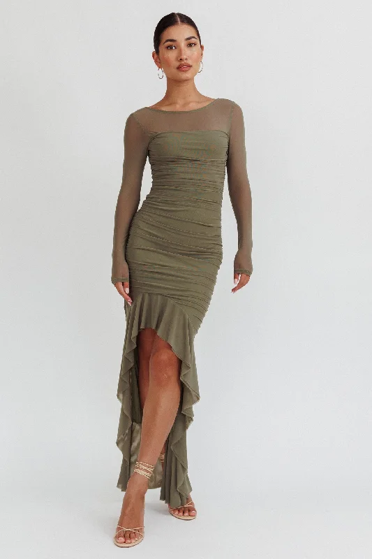 Ruffled Women Dress with Multiple Layers for a Playful and Girly Style Ruffled Women Dress with Multiple Layers for a Playful and Girly Style Jozelle Long Sleeve Ruched Maxi Dress Olive