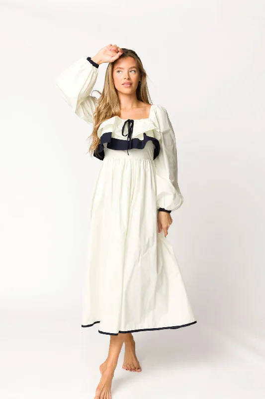 Off - the - Shoulder Women Dress for a Romantic and Feminine Look Off - the - Shoulder Women Dress for a Romantic and Feminine Look Megan Ruffle Long Sleeve Midi Dress in Cream/Navy Off - the - Shoulder Women Dress for a Romantic and Feminine Look Off - the - Shoulder Women Dress for a Romantic and Feminine Look Megan Ruffle Long Sleeve Midi Dress in Cream/Navy