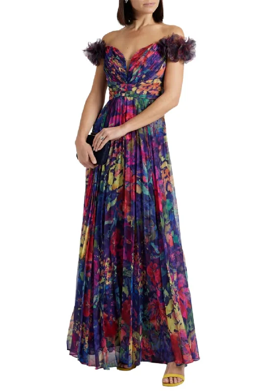 Printed Abstract Women Dress for a Modern and Artistic Appeal Printed Abstract Women Dress for a Modern and Artistic Appeal Navy Floral Print Off Shoulder Pleated Chiffon Gown
