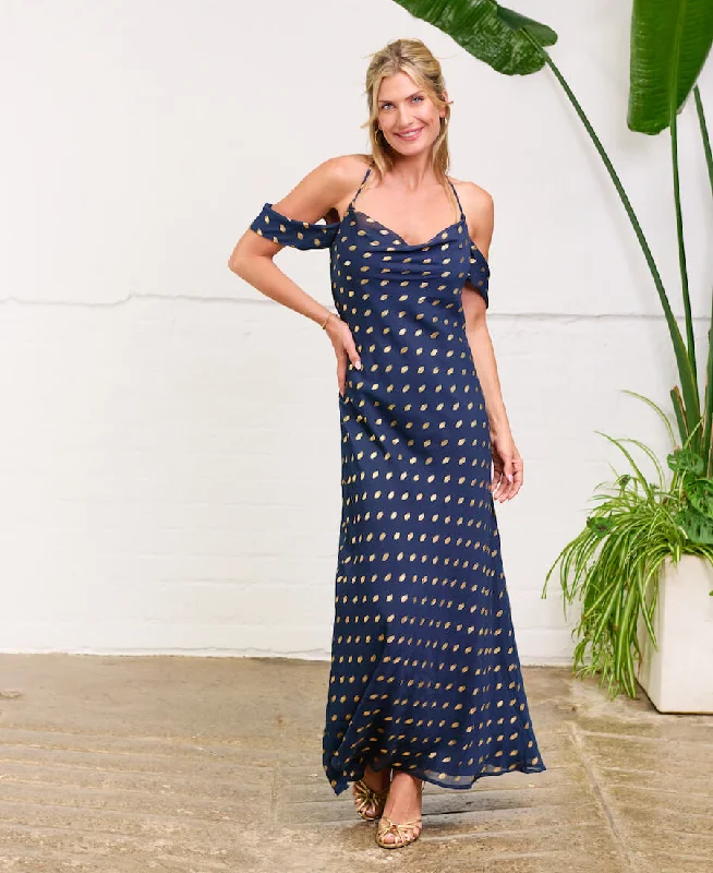 Mermaid - Style Women Dress with a Fitted Silhouette for Special Occasions Mermaid - Style Women Dress with a Fitted Silhouette for Special Occasions Navy Foil Cold Shoulder Maxi Dress Mermaid - Style Women Dress with a Fitted Silhouette for Special Occasions Mermaid - Style Women Dress with a Fitted Silhouette for Special Occasions Navy Foil Cold Shoulder Maxi Dress