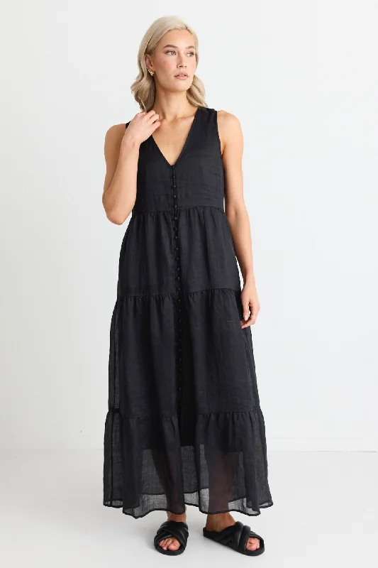 Mermaid - Style Women Dress with a Fitted Silhouette for Special Occasions Mermaid - Style Women Dress with a Fitted Silhouette for Special Occasions Pacific Black Cotton Voile Sleeveless Button Front Tiered Maxi Dress Mermaid - Style Women Dress with a Fitted Silhouette for Special Occasions Mermaid - Style Women Dress with a Fitted Silhouette for Special Occasions Pacific Black Cotton Voile Sleeveless Button Front Tiered Maxi Dress