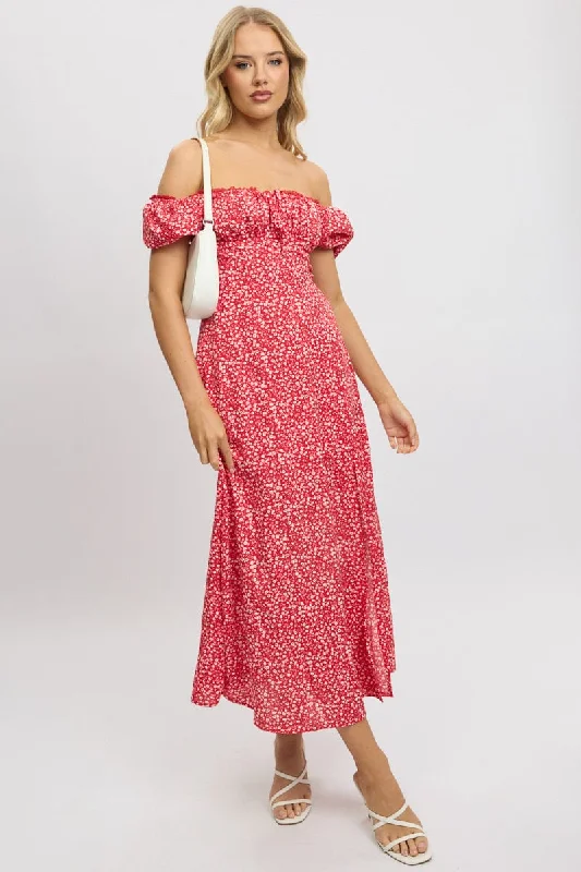 Wrap - Style Women Dress with Adjustable Fit for All Body Types Wrap - Style Women Dress with Adjustable Fit for All Body Types Red Ditsy Midi Dress Short Sleeve Side Split