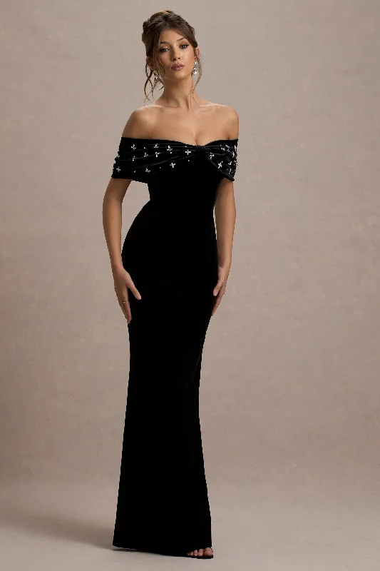 Mini Women Dress with a Short Hem for a Young and Trendy Style Mini Women Dress with a Short Hem for a Young and Trendy Style West End | Black Velvet Embellished Bardot Maxi Dress