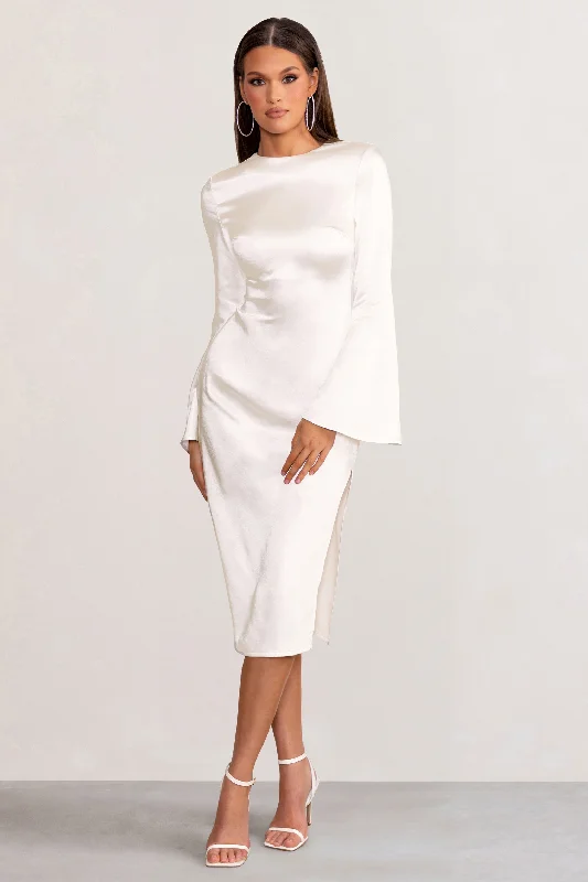 Empire Waist Women Dress to Accentuate the Bust and Conceal the Waist Empire Waist Women Dress to Accentuate the Bust and Conceal the Waist Zaina | White Long Sleeve Midi Dress with High Neckline Empire Waist Women Dress to Accentuate the Bust and Conceal the Waist Empire Waist Women Dress to Accentuate the Bust and Conceal the Waist Zaina | White Long Sleeve Midi Dress with High Neckline